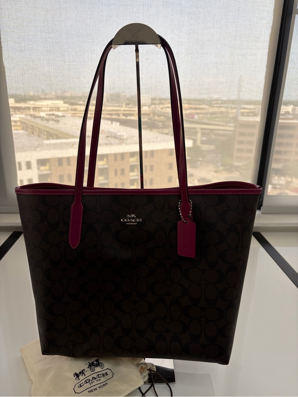 COACH Signature Canvas Tote with Pink Trim